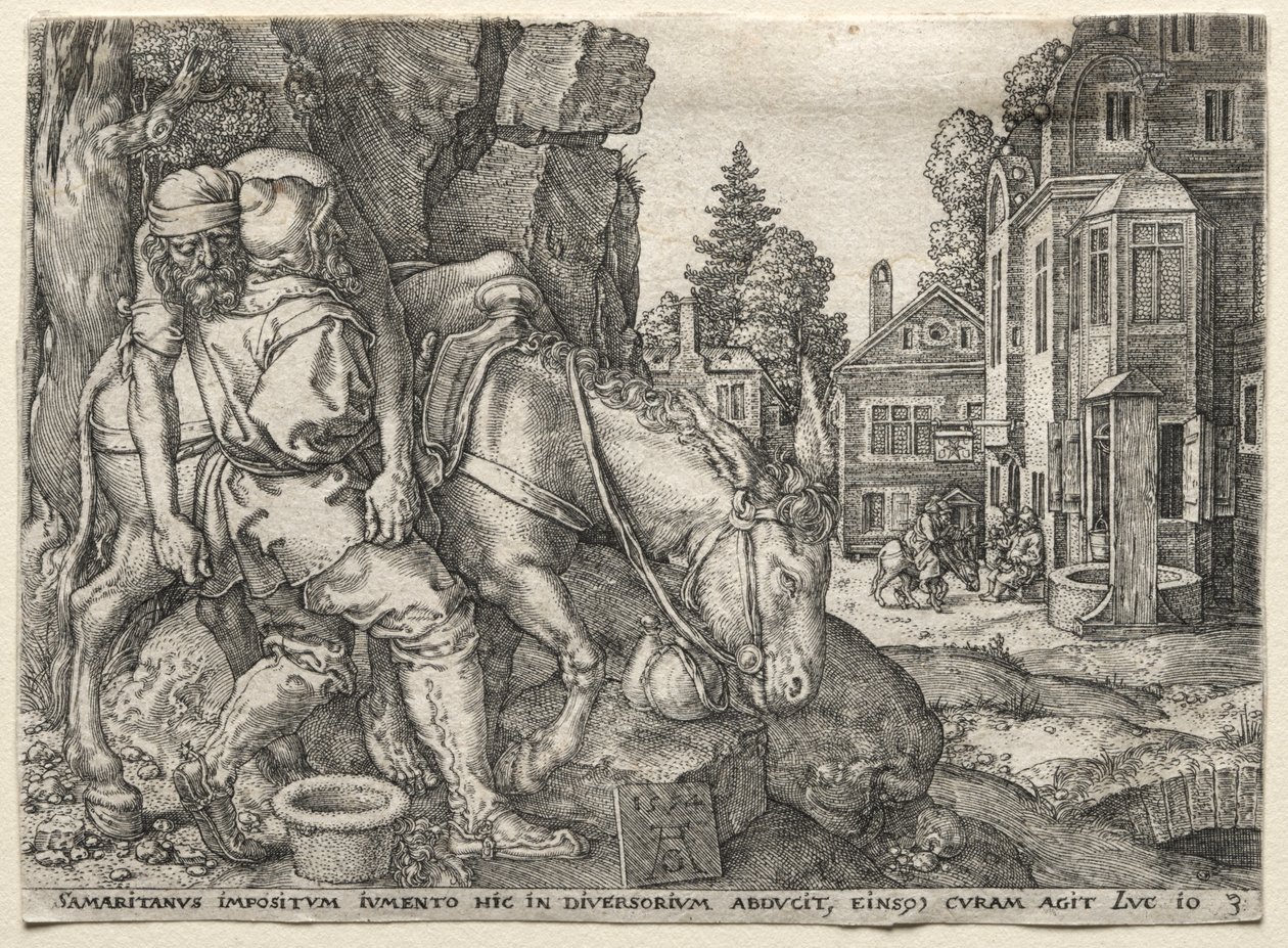 Das Gleichnis vom barmherzigen Samariter: Der barmherzige Samariter setzt den Reisenden auf seinen Esel von Heinrich Aldegrever