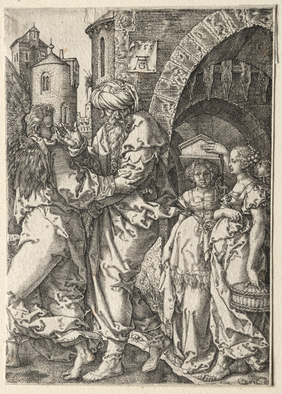 Die Geschichte von Lot: Lot und seine Familie fliehen aus Sodom, 1555 von Heinrich Aldegrever