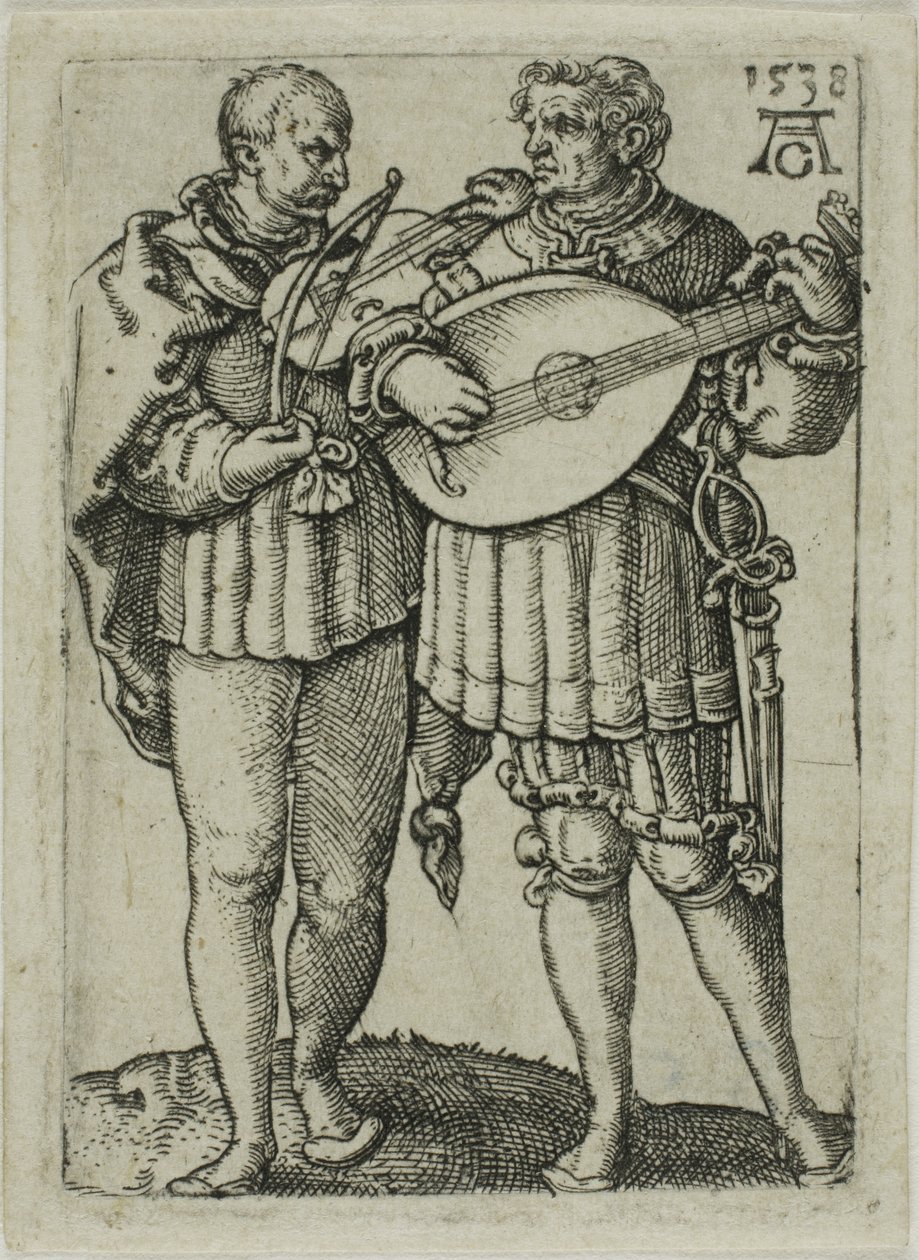 Zwei Musiker, die Geige und Laute spielen, Platte eins aus den Kleinen Hochzeitstänzern von Heinrich Aldegrever