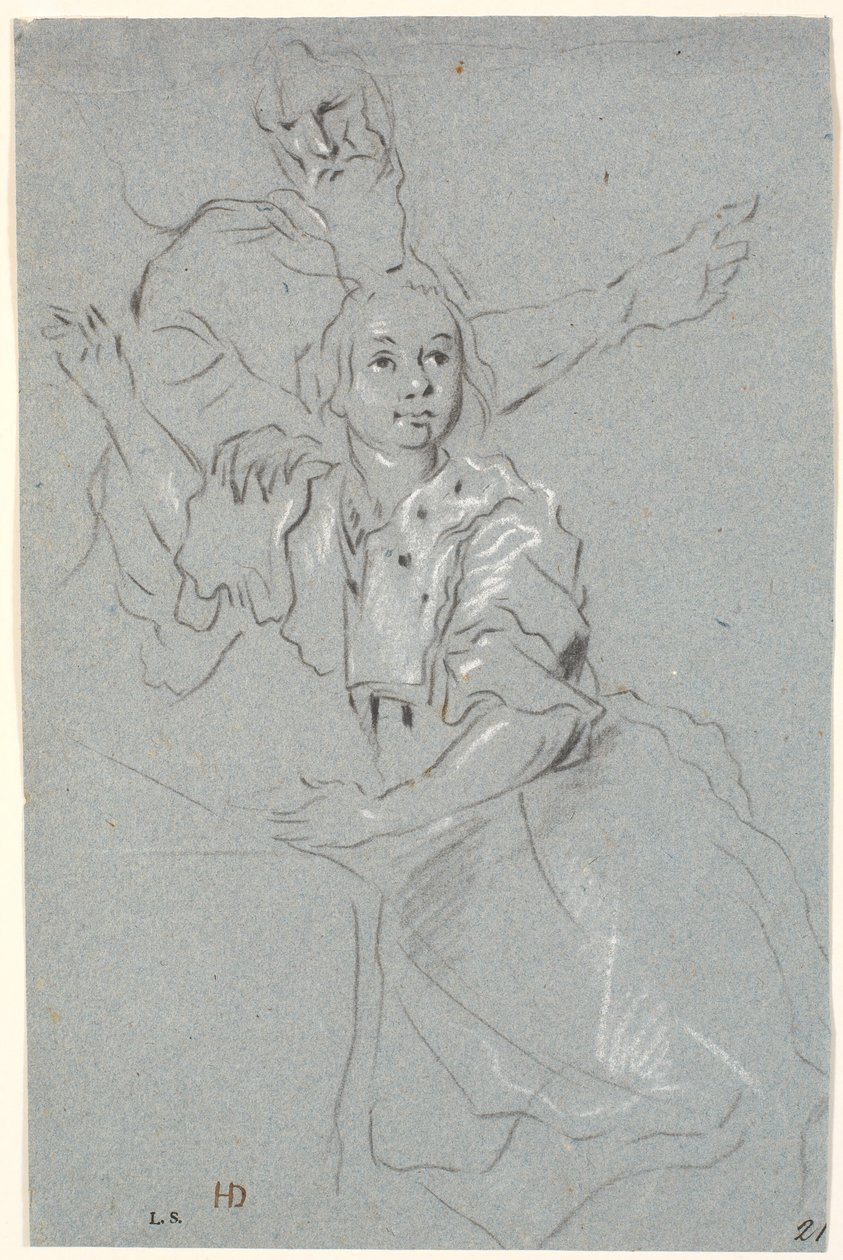 Studie einer Frau mit erhobenem Arm, hinter ihr ein bärtiger Greis von Heinrich Dittmers