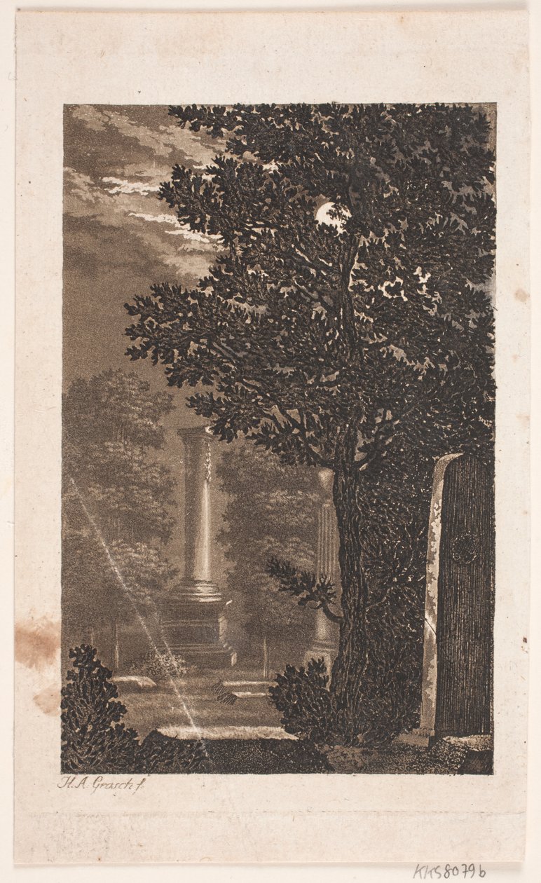 Von Assistens Kirkegaard, (laut altem Auktionskatalog) Park mit Säule im Mondschein von Heinrich Grosch