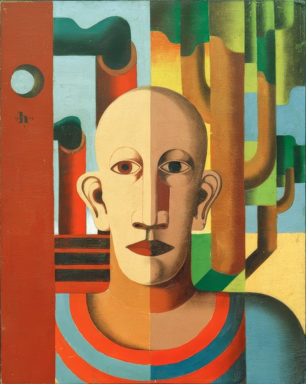 Arbeiter (Selbstbildnis vor Bäumen und Schornsteinen) von Heinrich Hoerle
