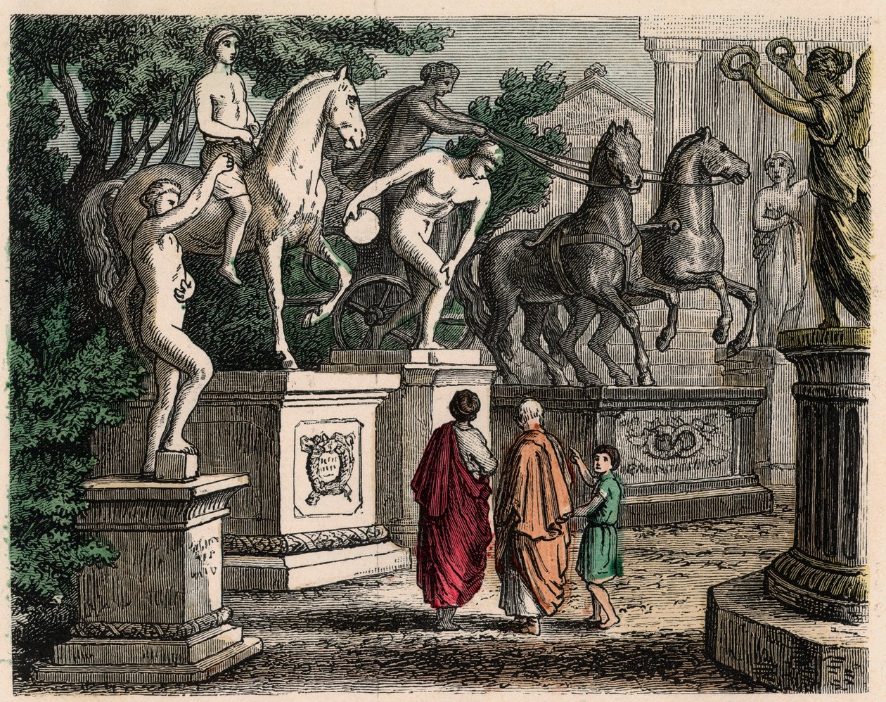 Antikes Griechenland: Statuen der olympischen Champions in Olympia errichtet, 1866 von Heinrich Leutemann