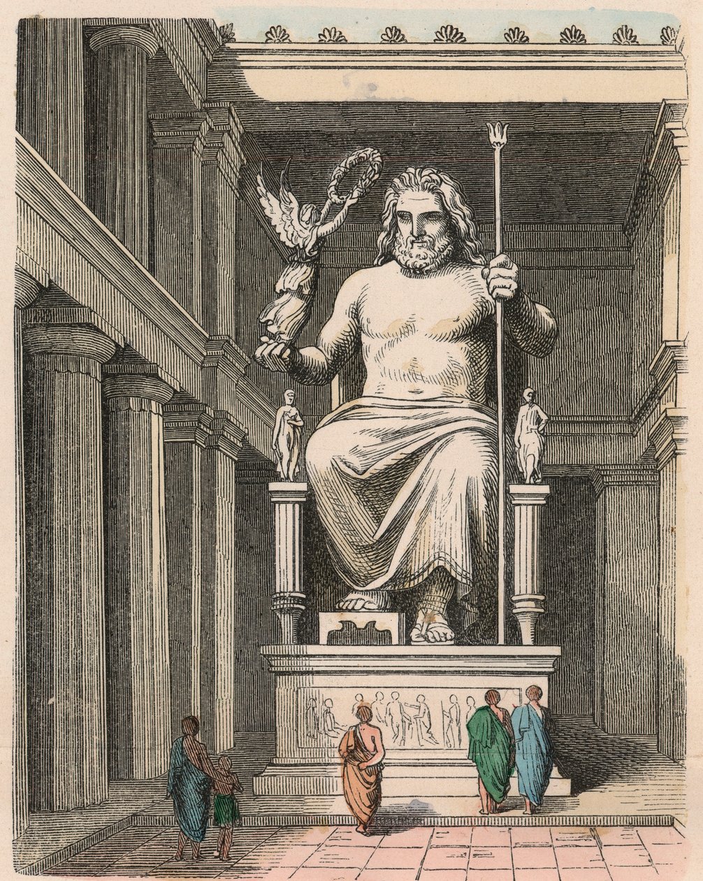 Antikes Griechenland: Zeus-Statue im Tempel von Olympia - Skulptur von Phidias, ca. 440/30 v. Chr., eines der Sieben Weltwunder von Heinrich Leutemann