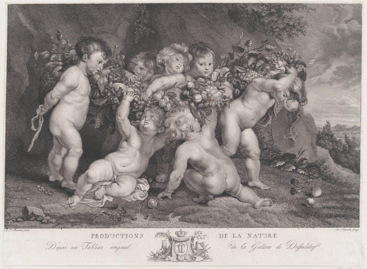 Sieben Putten tragen eine Fruchtgirlande, ca. 1780-87 von Heinrich Schmitz