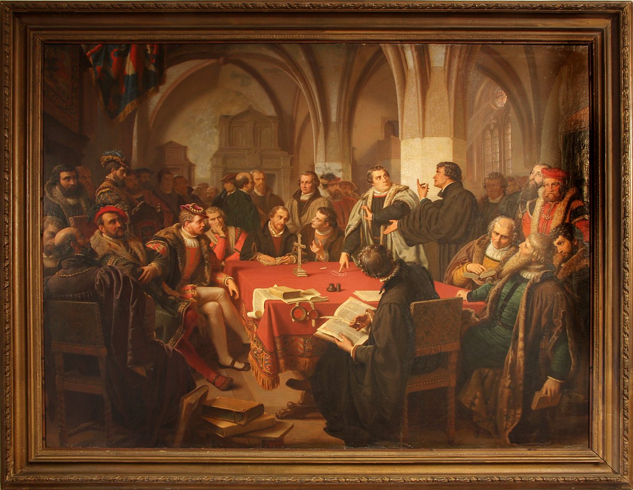 Religionsgespräch im Marburger Schloss 1869 mit Rahmen von Heinrich Stürzl