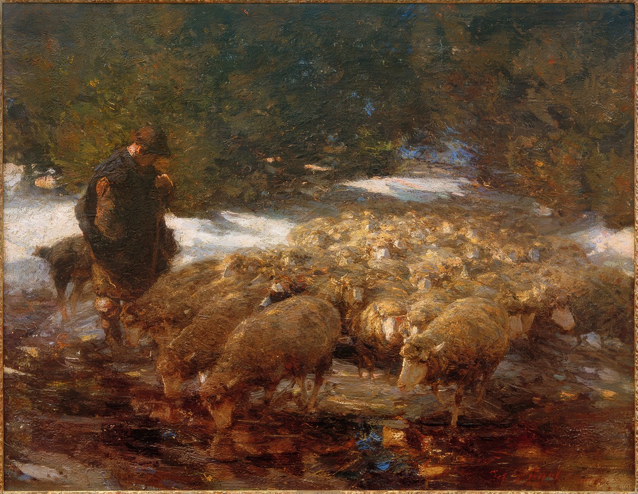 Schäfer mit Schafen in Landschaft von Heinrich von Zügel