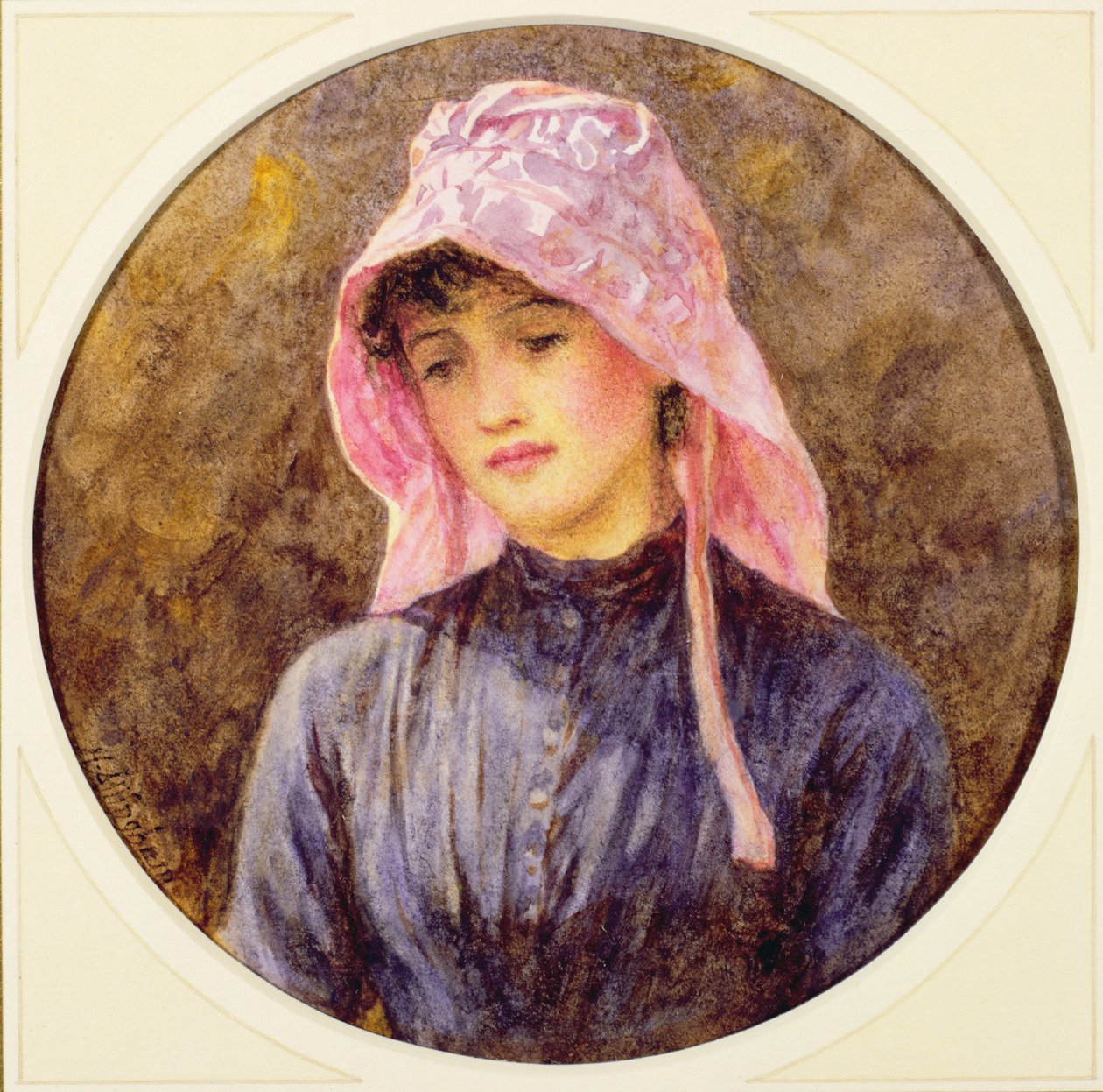 Porträt eines Mädchens mit rosa Haube von Helen Allingham