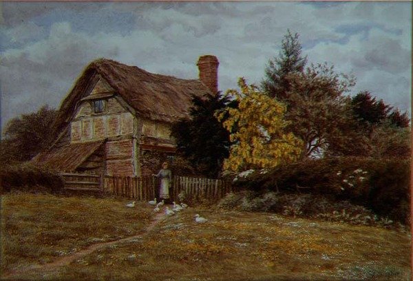 Laburnum Cottage: eine Frau, die Enten füttert von Helen Allingham