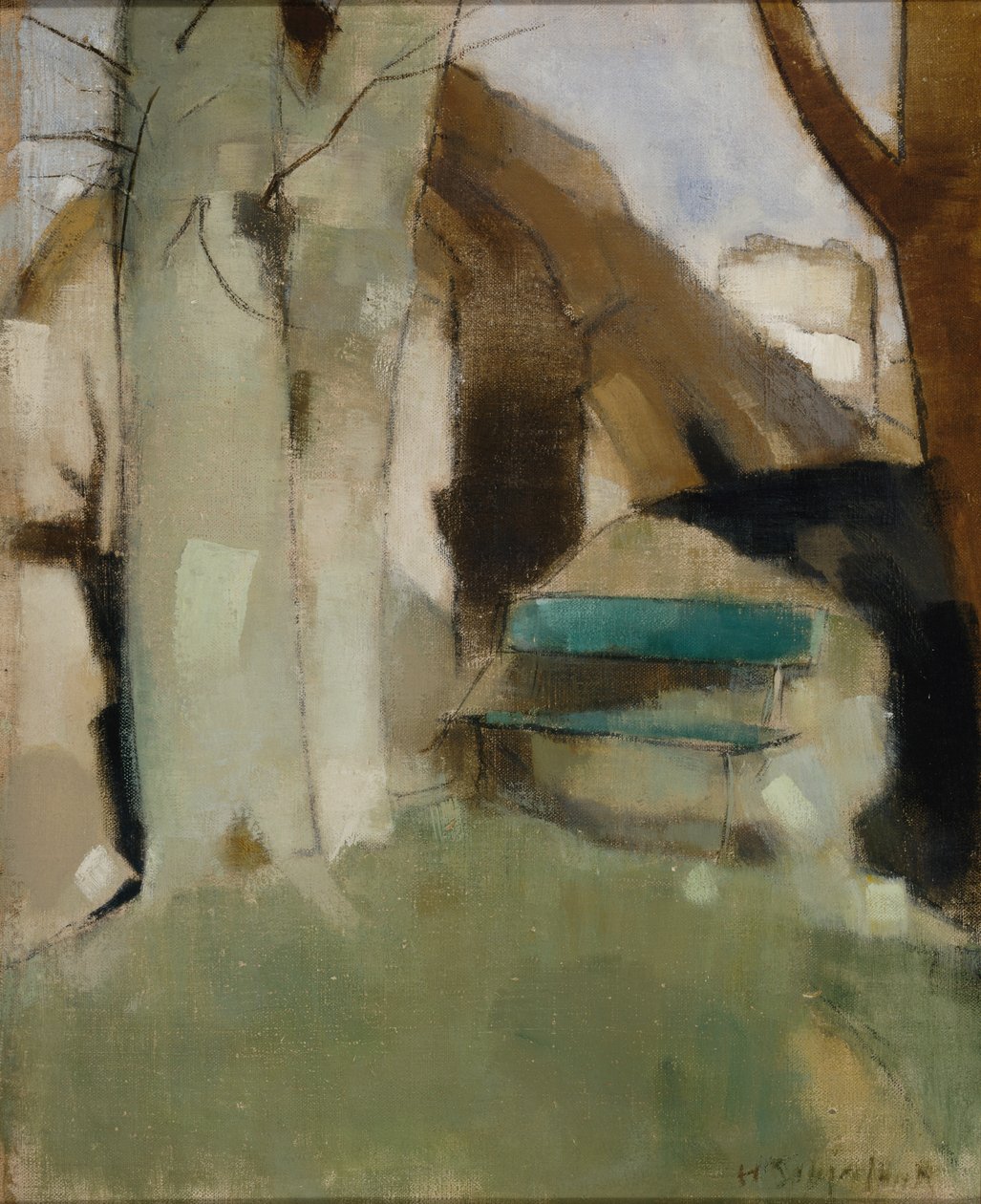 Schatten an der Wand II Grüner Bank, 1928 von Helene Schjerfbeck
