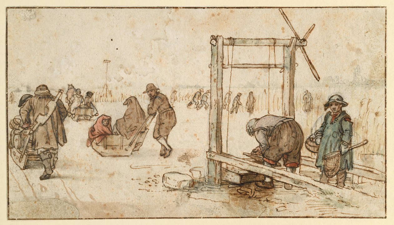 Drei Schlitten auf dem Eis von Hendrick Avercamp