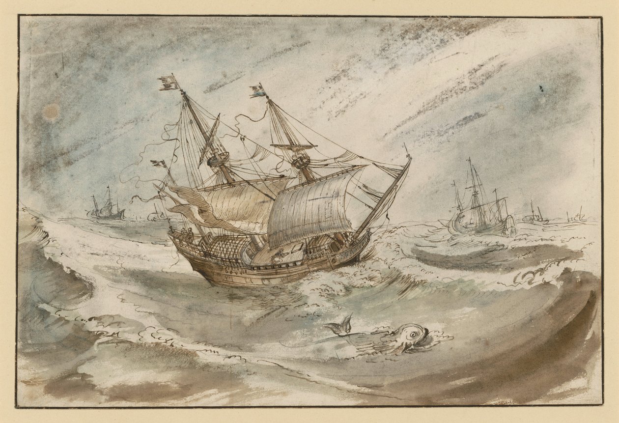 Stürmische See mit großem Segelschiff von Hendrick Avercamp