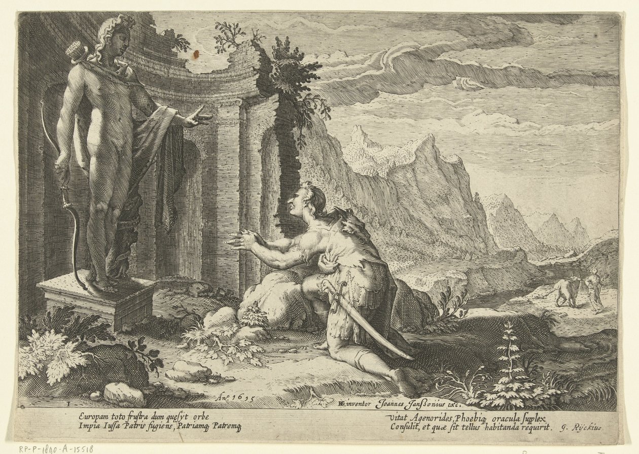 Kadmos fragt das Orakel von Delphi, was er tun soll, da er seine Schwester Europa nicht finden konnte von Hendrick Goltzius (workshop of)