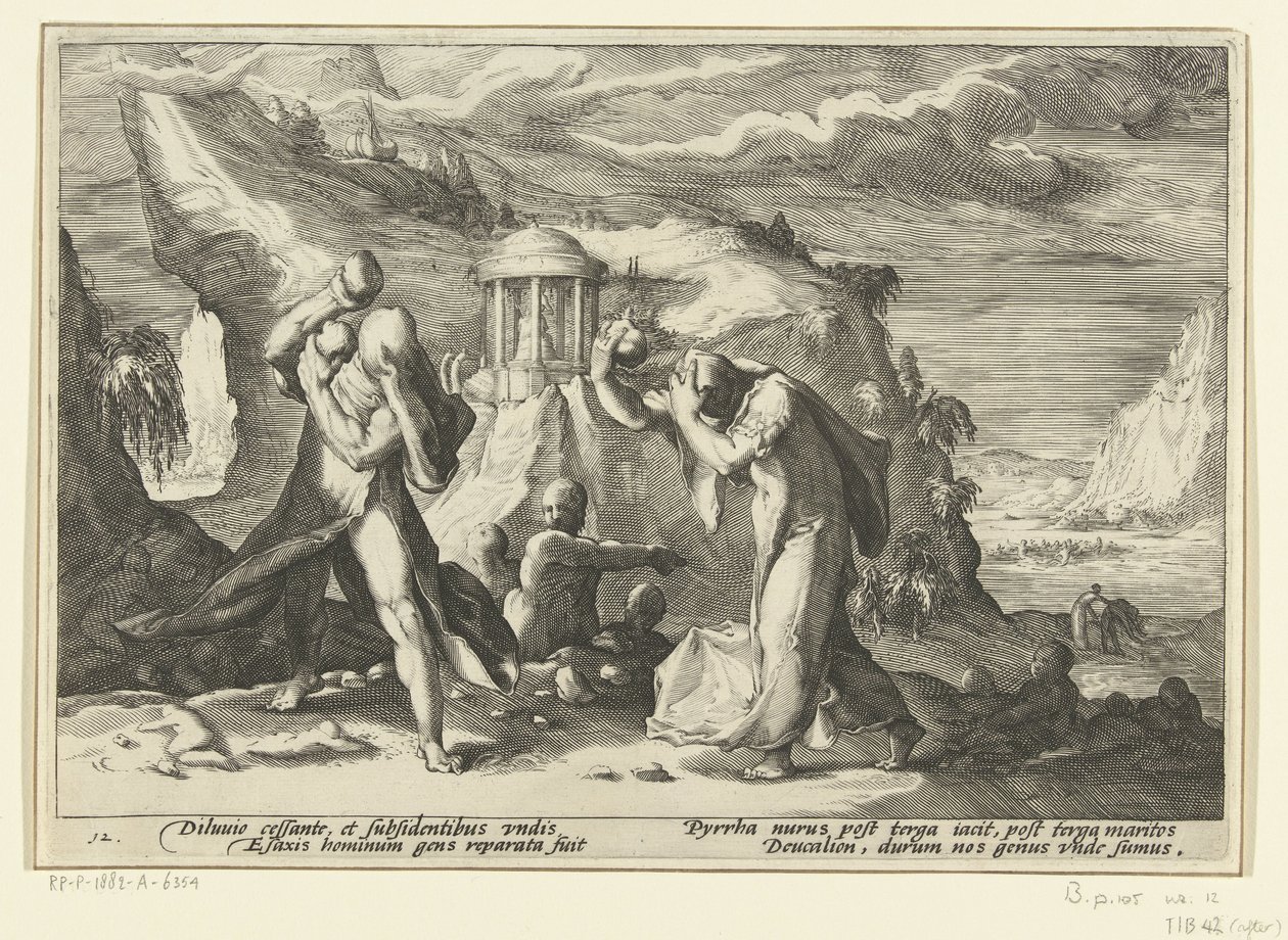 Deukalion und Pyrrha erschaffen eine neue Menschheit von Hendrick Goltzius (workshop of)