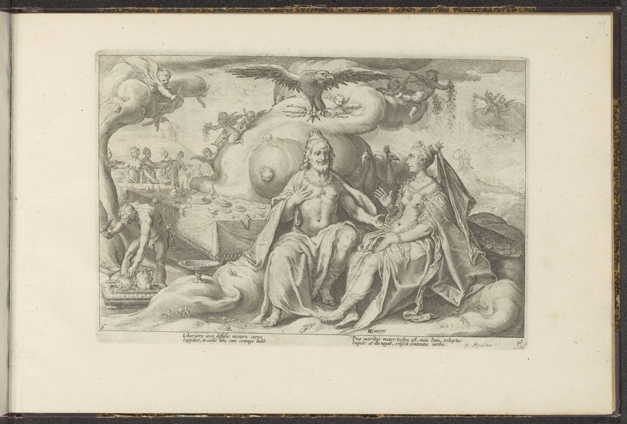 Jupiter und Juno diskutieren über die Frage, bei welchem Geschlecht die Lust in der Liebe größer ist von Hendrick Goltzius (workshop of)