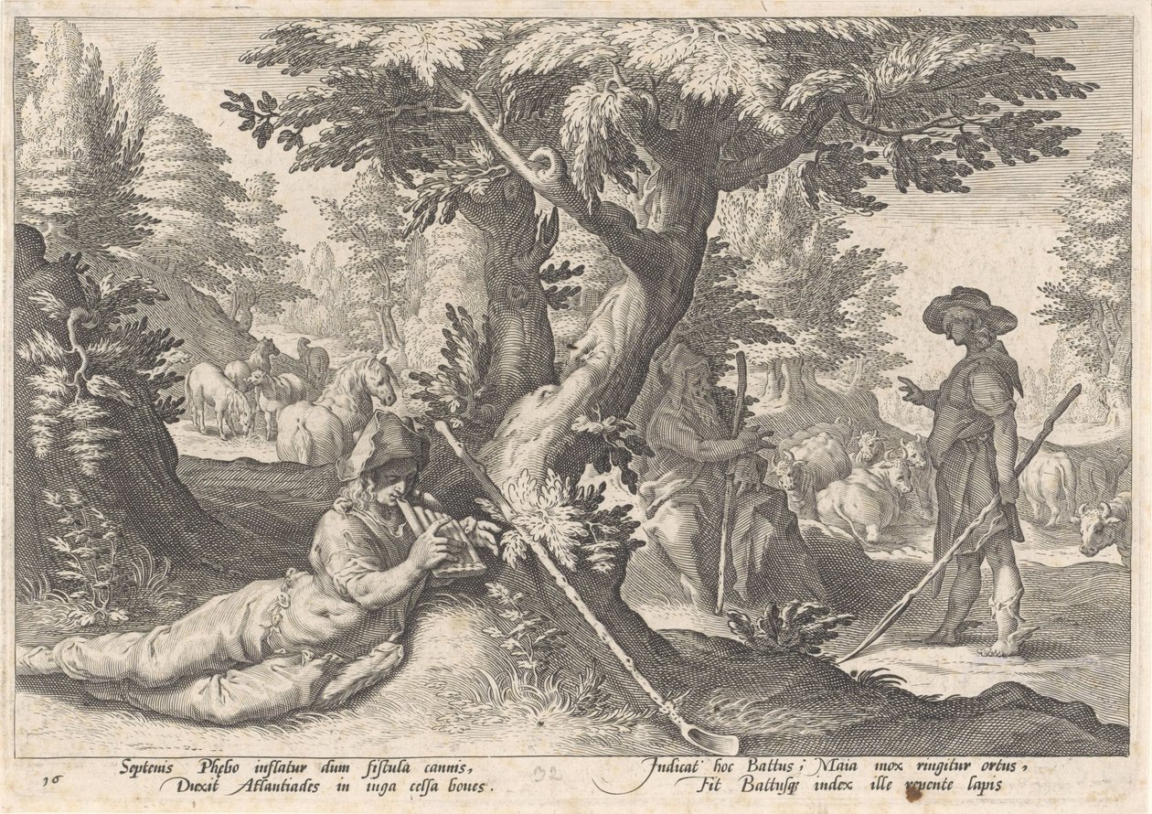 Merkur verwandelt Battus in einen Stein von Hendrick Goltzius (workshop of)