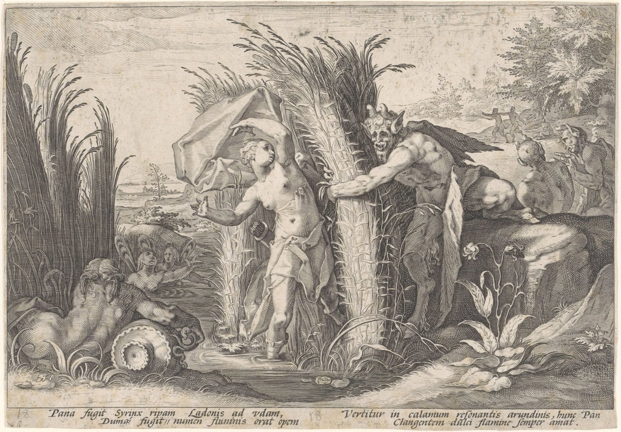 Pan und Syrinx Metamorphosen von Ovid von Hendrick Goltzius (workshop of)
