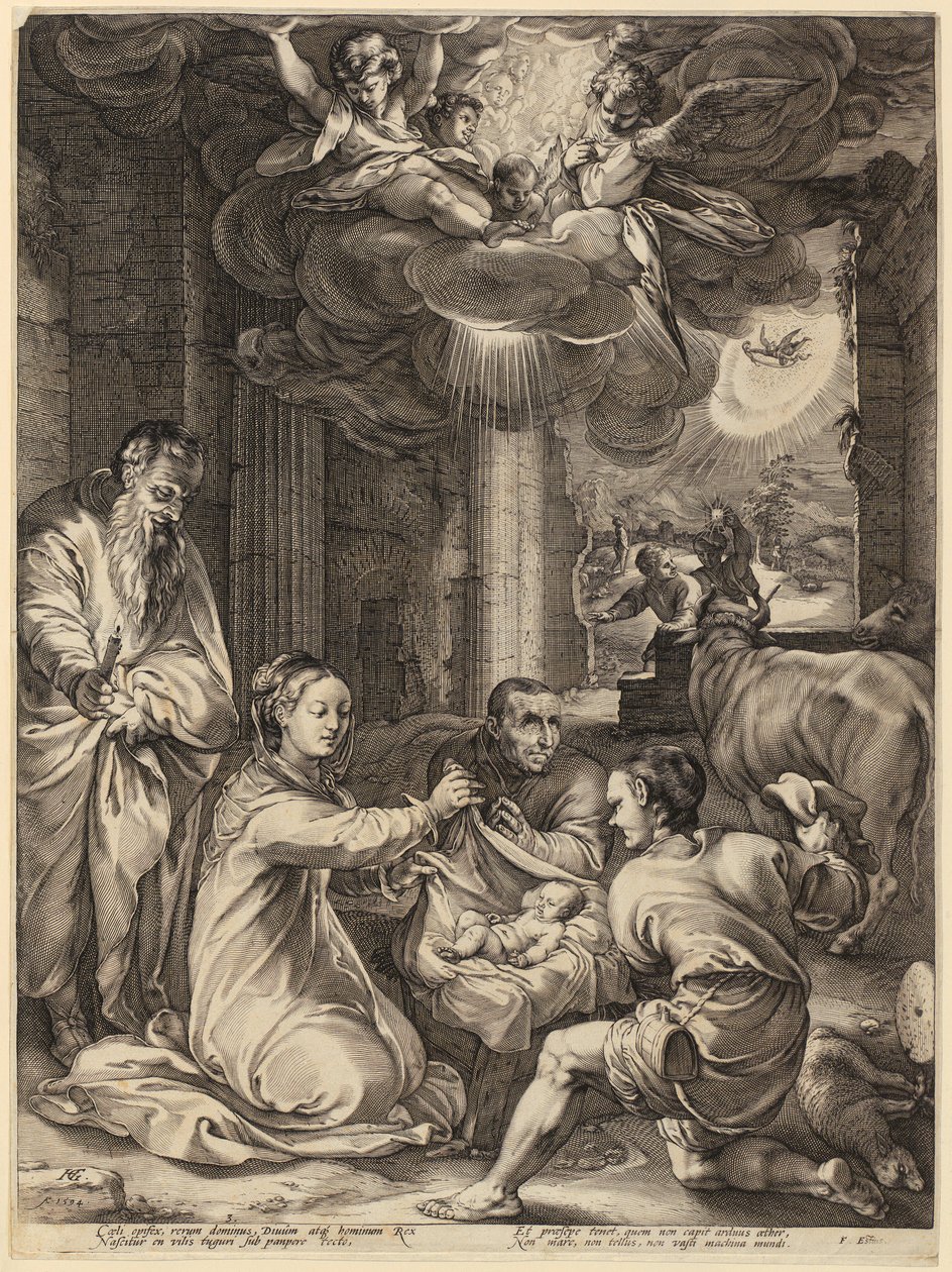 Anbetung der Hirten, Blatt 2 der Folge "Das Leben der Jungfrau Maria" von Hendrick Goltzius