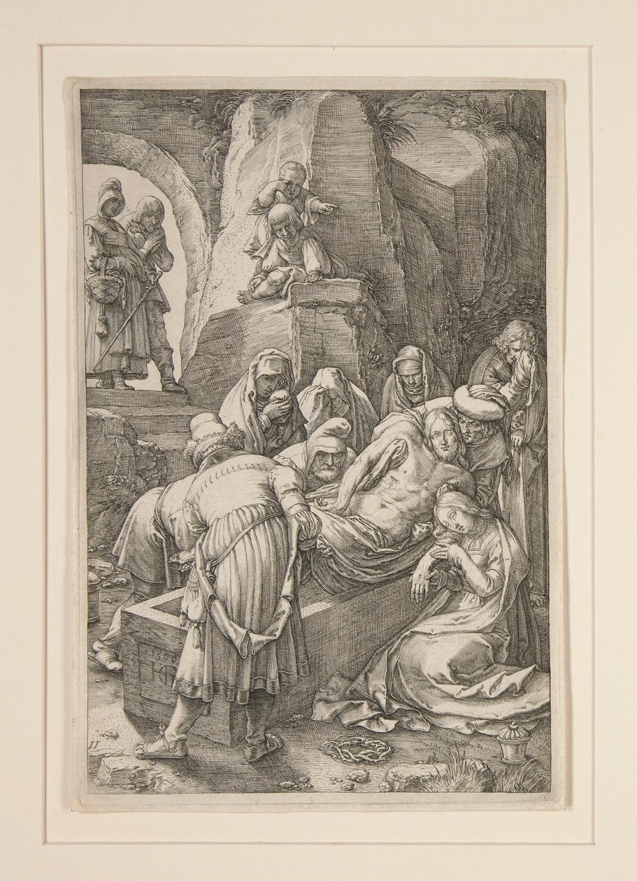 Begräbnis Christi (Die Grablegung), aus Die Passion, Nr. 11 in einer Serie von 12 Stichen von Hendrick Goltzius