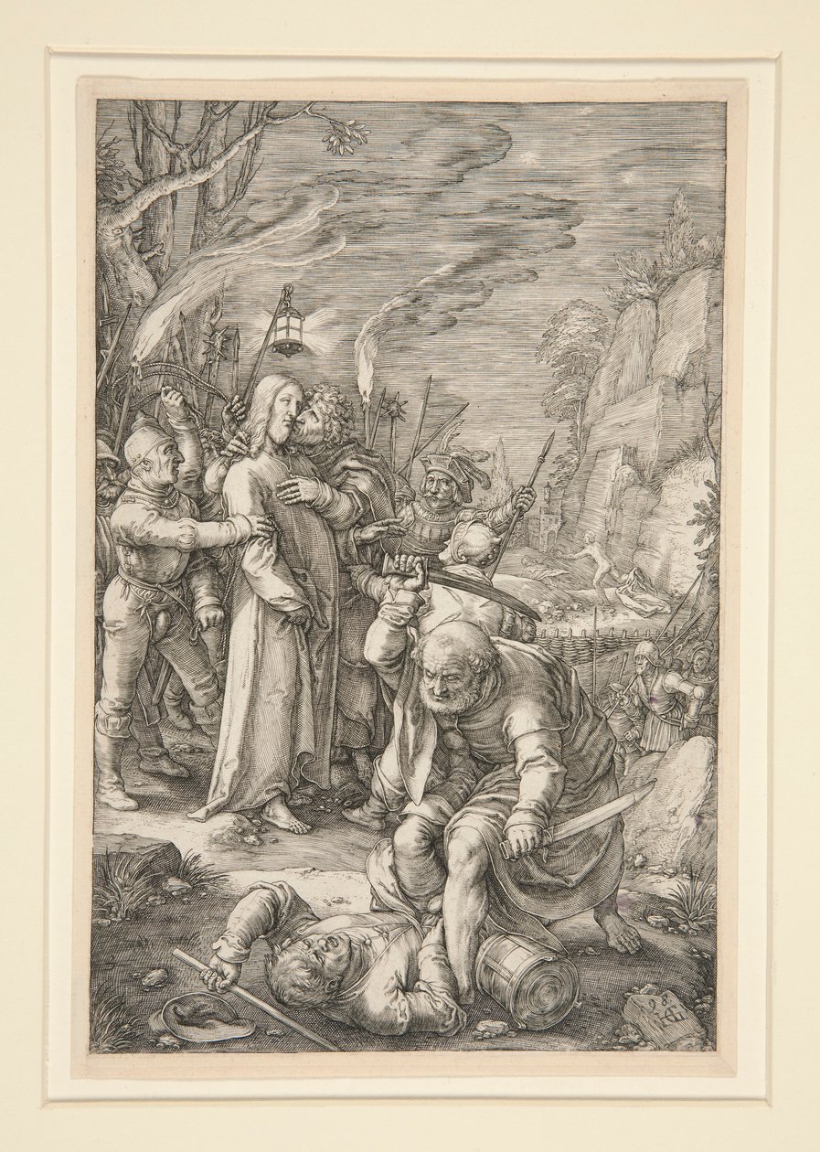 Christus gefangen genommen (der Verrat an Christus), aus Die Passion, Nr. 3 in einer Serie von 12 Gravuren von Hendrick Goltzius
