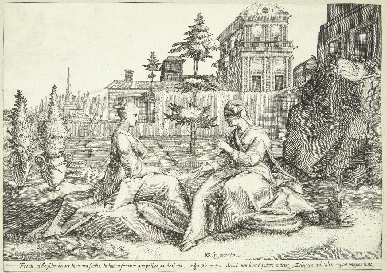 Juno in Verkleidung als Beroë warnt Semele von Hendrick Goltzius