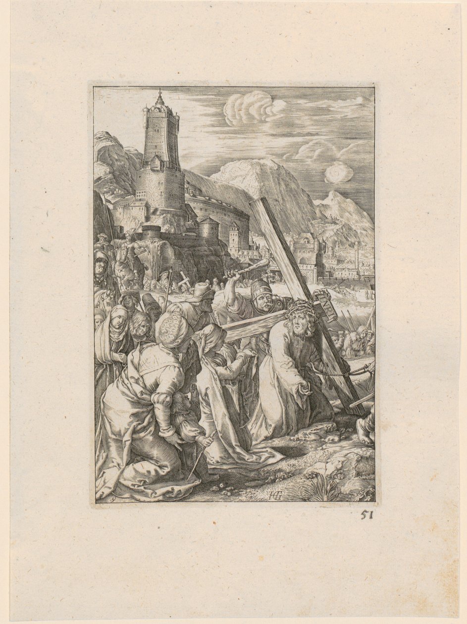 Kreuztragung, Blatt 9 der Folge "Die Passion" von Hendrick Goltzius
