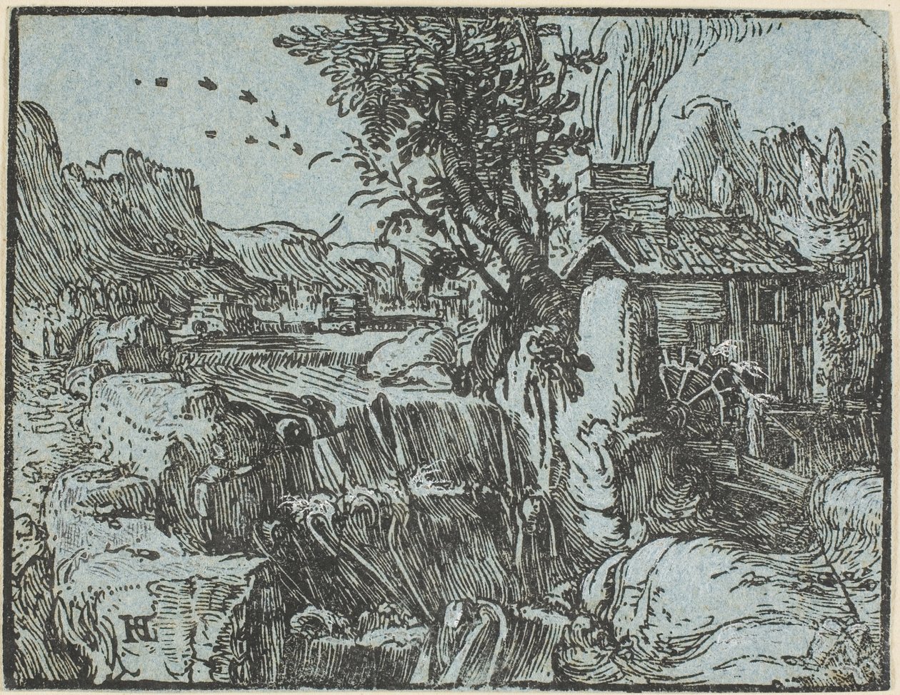 Landschaft mit einem Wasserfall, aus Vier kleine Landschaften von Hendrick Goltzius