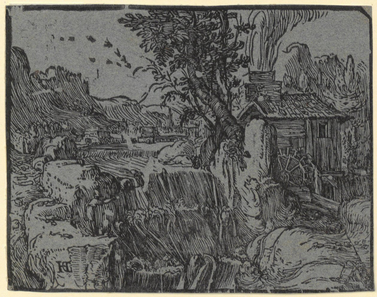 Landschaft mit Wasserfall und Mühle, Blatt 1 der Folge „Vier kleine Landschaften“ von Hendrick Goltzius