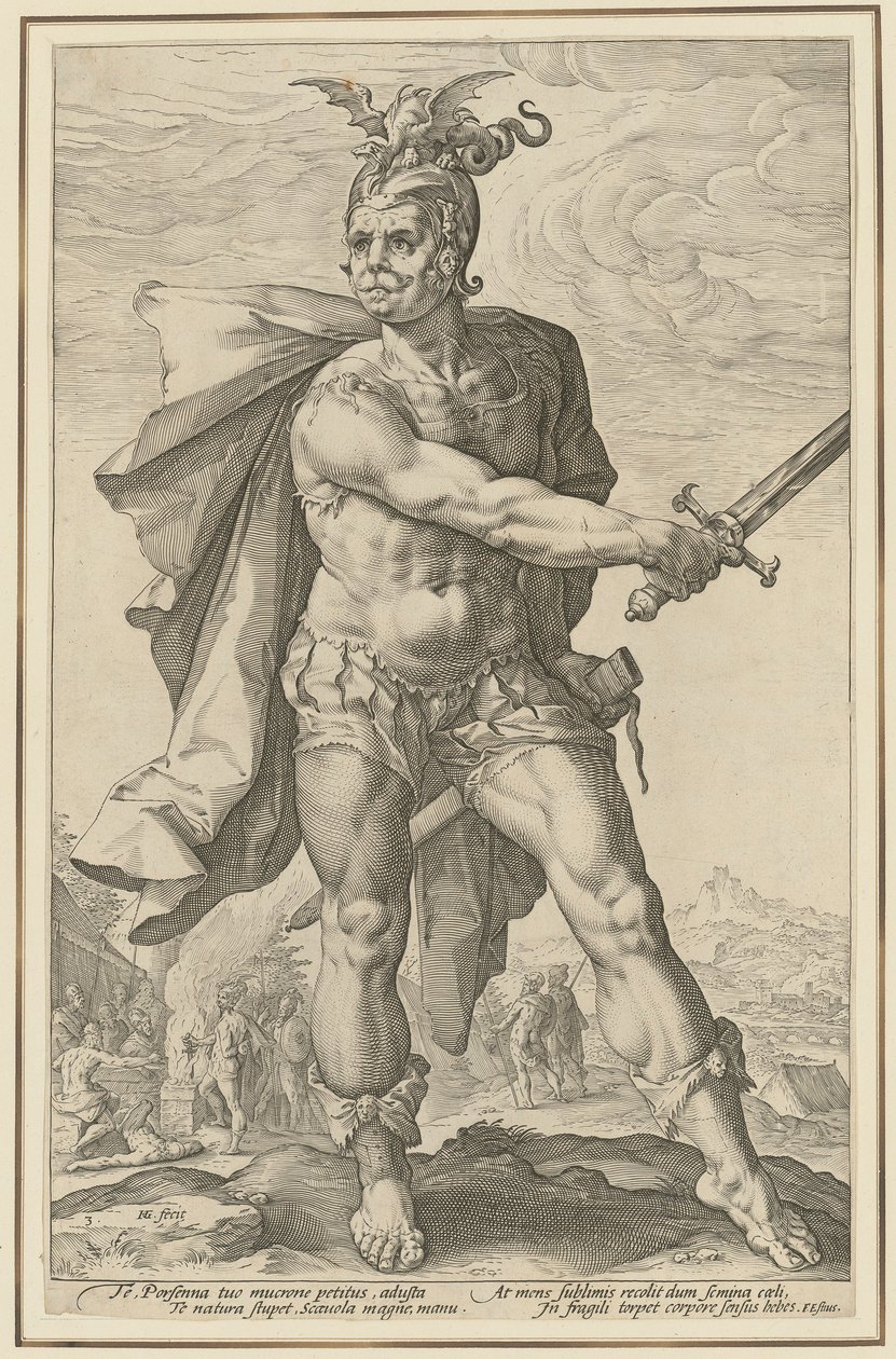 Mucius Scaevola, Blatt 3 der Folge "Römische Helden" von Hendrick Goltzius