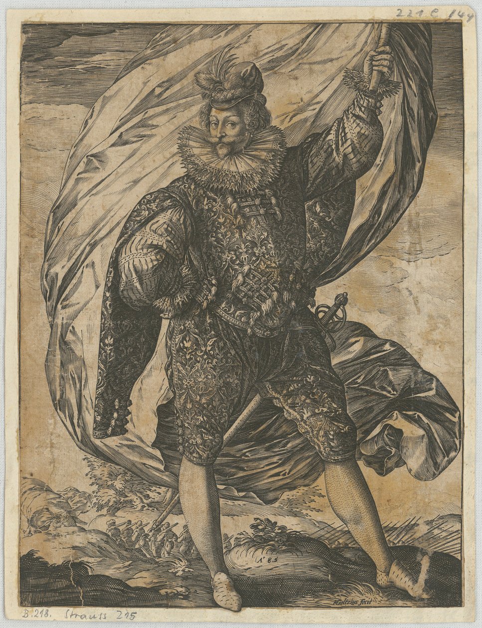 Stehender Fahnenträger, den Kopf nach links gewandt von Hendrick Goltzius