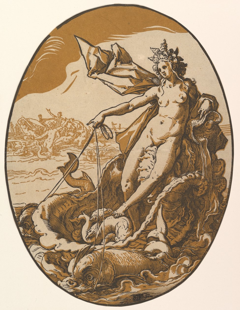 Tethys, in einem riesigen, von zwei Meereswesen gezogenen Muschelwagen liegend, aus „The Deities“ von Hendrick Goltzius