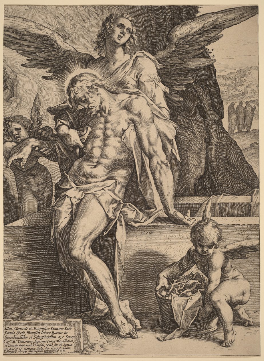 Der Leib Christi von Engeln gehalten von Hendrick Goltzius