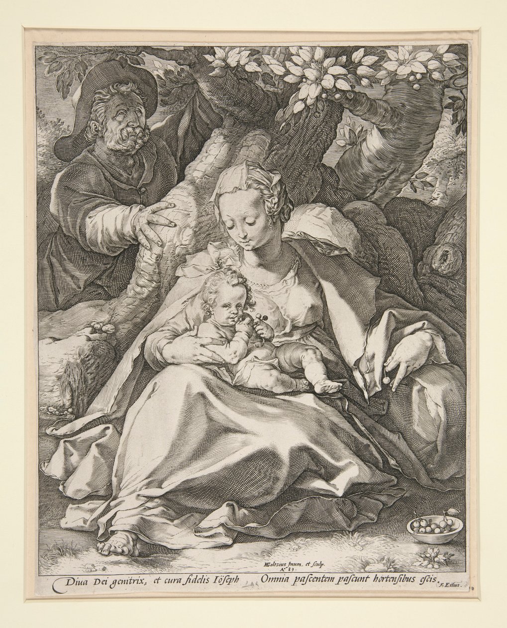Die Heilige Familie unter dem Kirschbaum / Rast auf der Flucht nach Ägypten unter einem Kirschbaum von Hendrick Goltzius