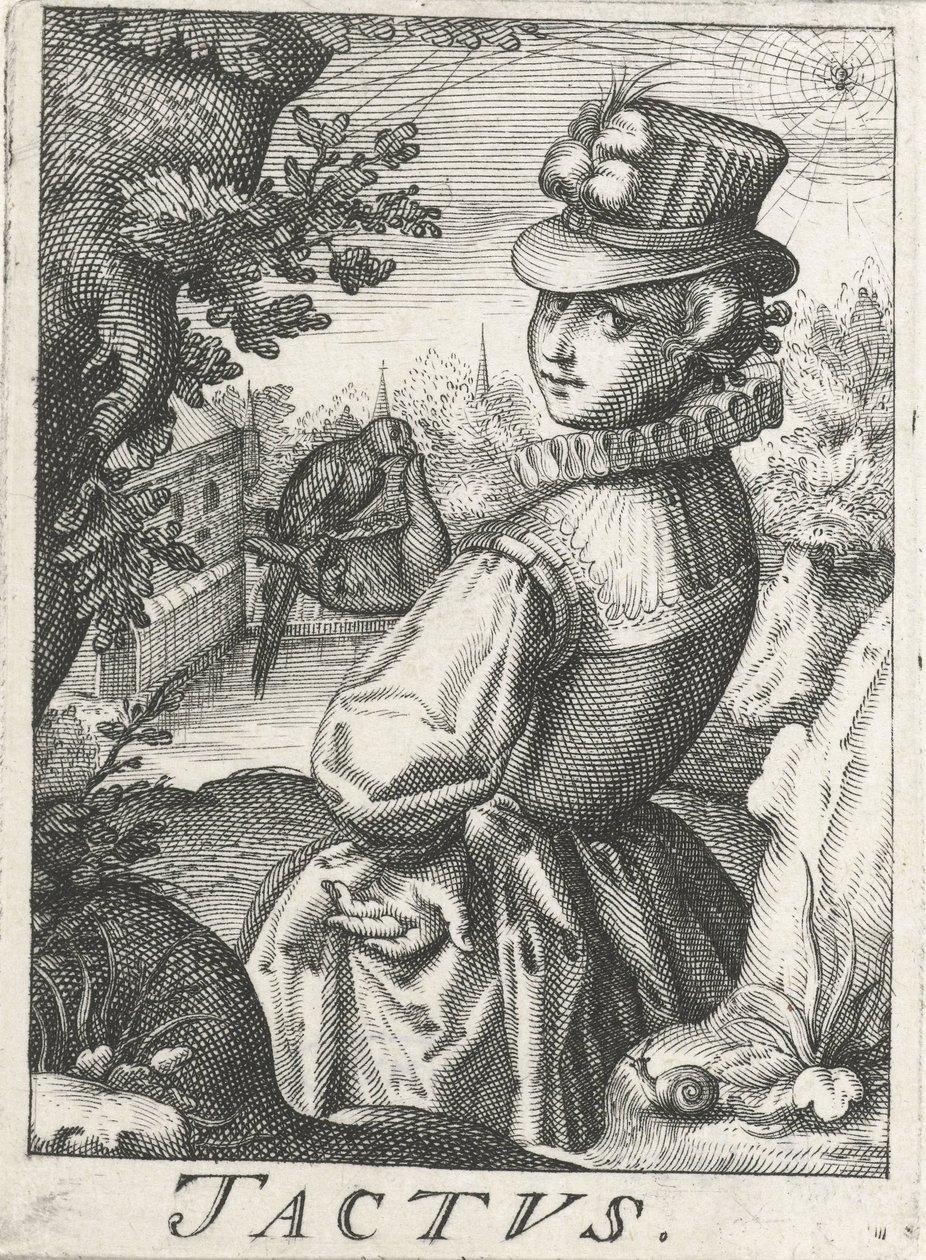 Gefühl (Tactus), eine Frau mit einem Vogel (Die fünf Sinne) von Hendrick Hondius (rejected attribution)