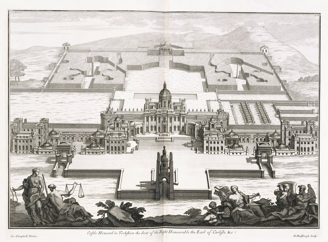 Schloss Howard in Yorkshire, aus "Vitruvius Britannicus" oder "Der britische Architekt, der die Pläne, Erhebungen und Abschnitte der regelmäßigen Gebäude sowohl öffentlich als auch privat in Großbritannien enthält" von Colin Campbell von Hendrick Hulsberg