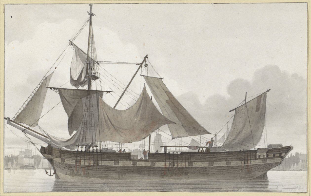Dreimaster unter Notbesegelung, läuft mit schwachem Wind in einen Hafen ein von Hendrik Abraham Klinkhamer