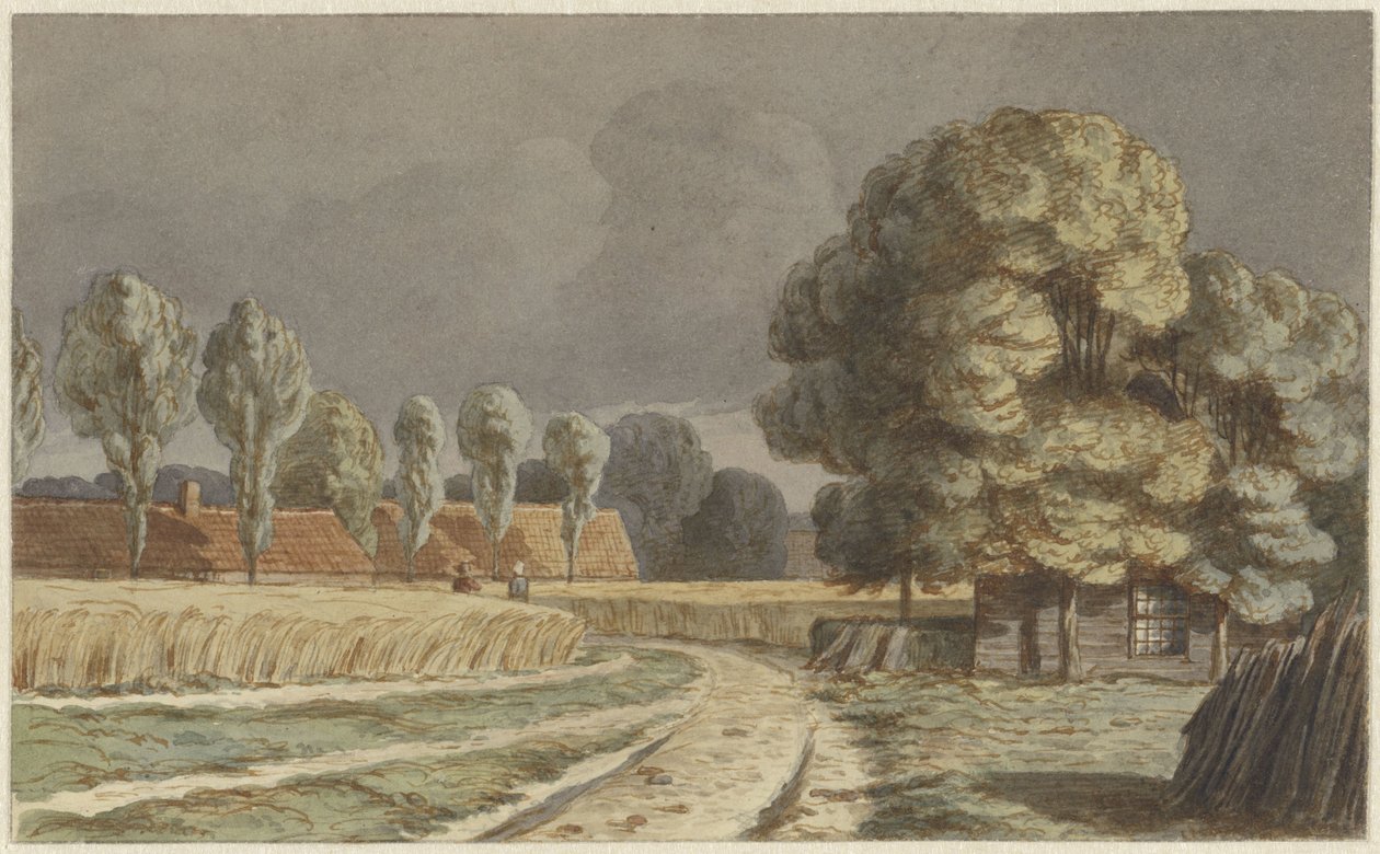 Kornfeld zwischen Häusern unter einem drohenden Gewitterhimmel in Hilversum von Hendrik Abraham Klinkhamer