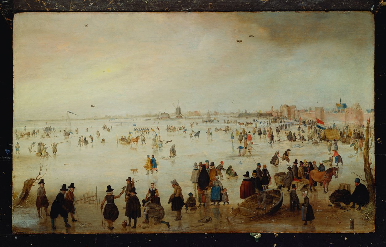 Schlittschuhläufer, Golfspieler, elegante Damen und Herren auf gefrorenen Flutgewässern bei der Broederpoort in Kampen von Hendrik Avercamp