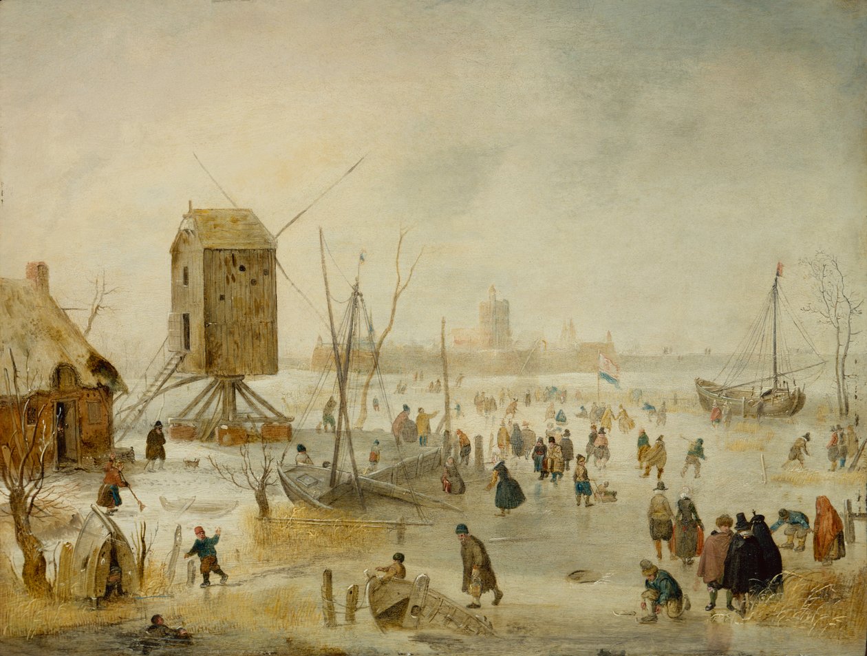 Winterlandschaft mit Schlittschuhläufern auf einem Fluss bei einer Windmühle von Hendrik Avercamp