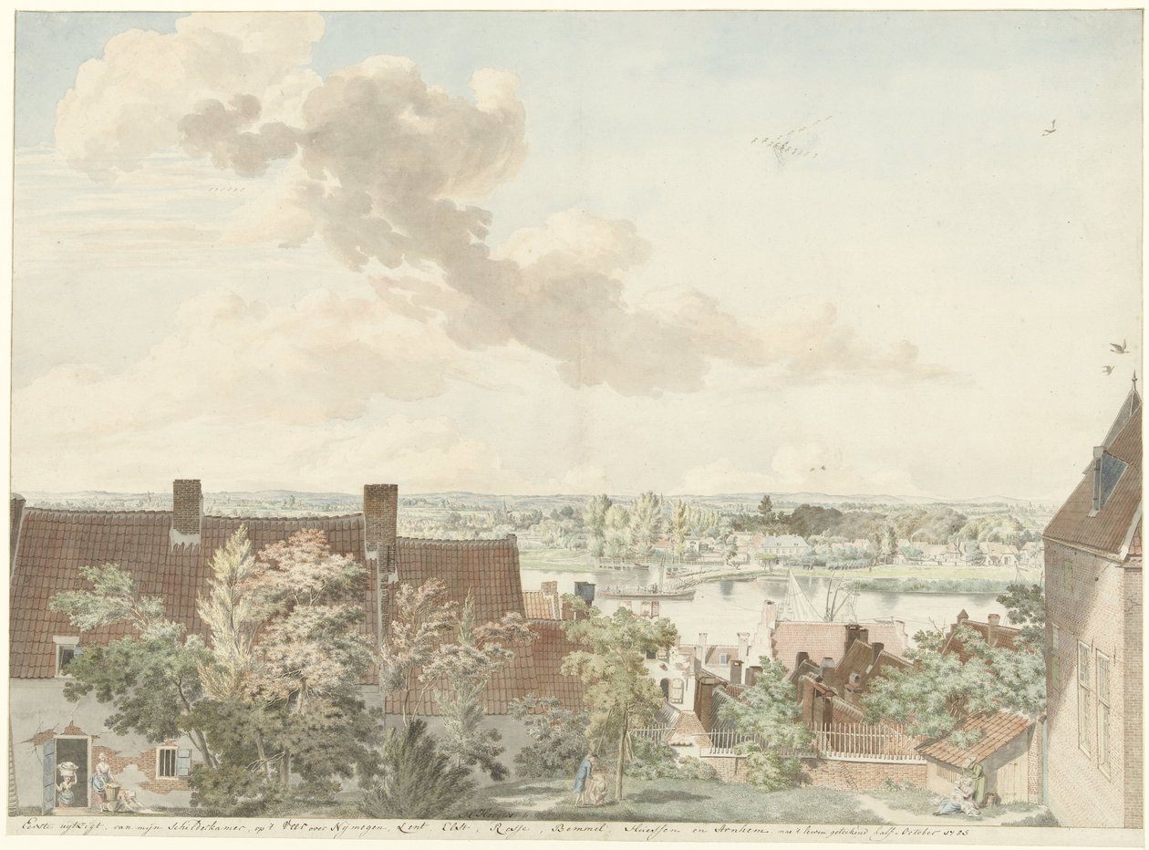 Ansicht von Nijmegen mit einer Fähre über den Fluss von Hendrik Hoogers
