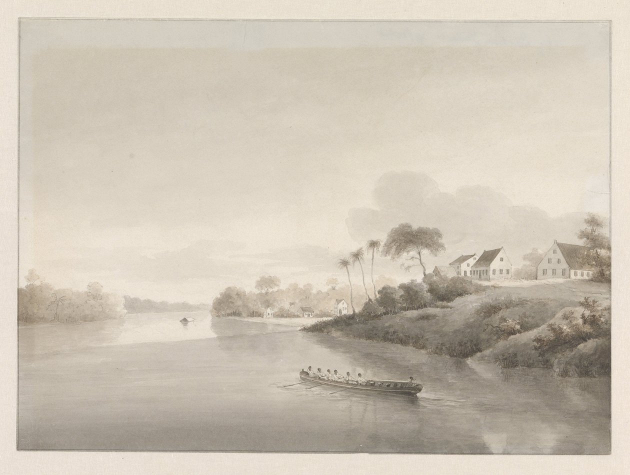 Ansicht einiger Häuser an einem Fluss, möglicherweise die Jodensavanne von Hendrik Huygens
