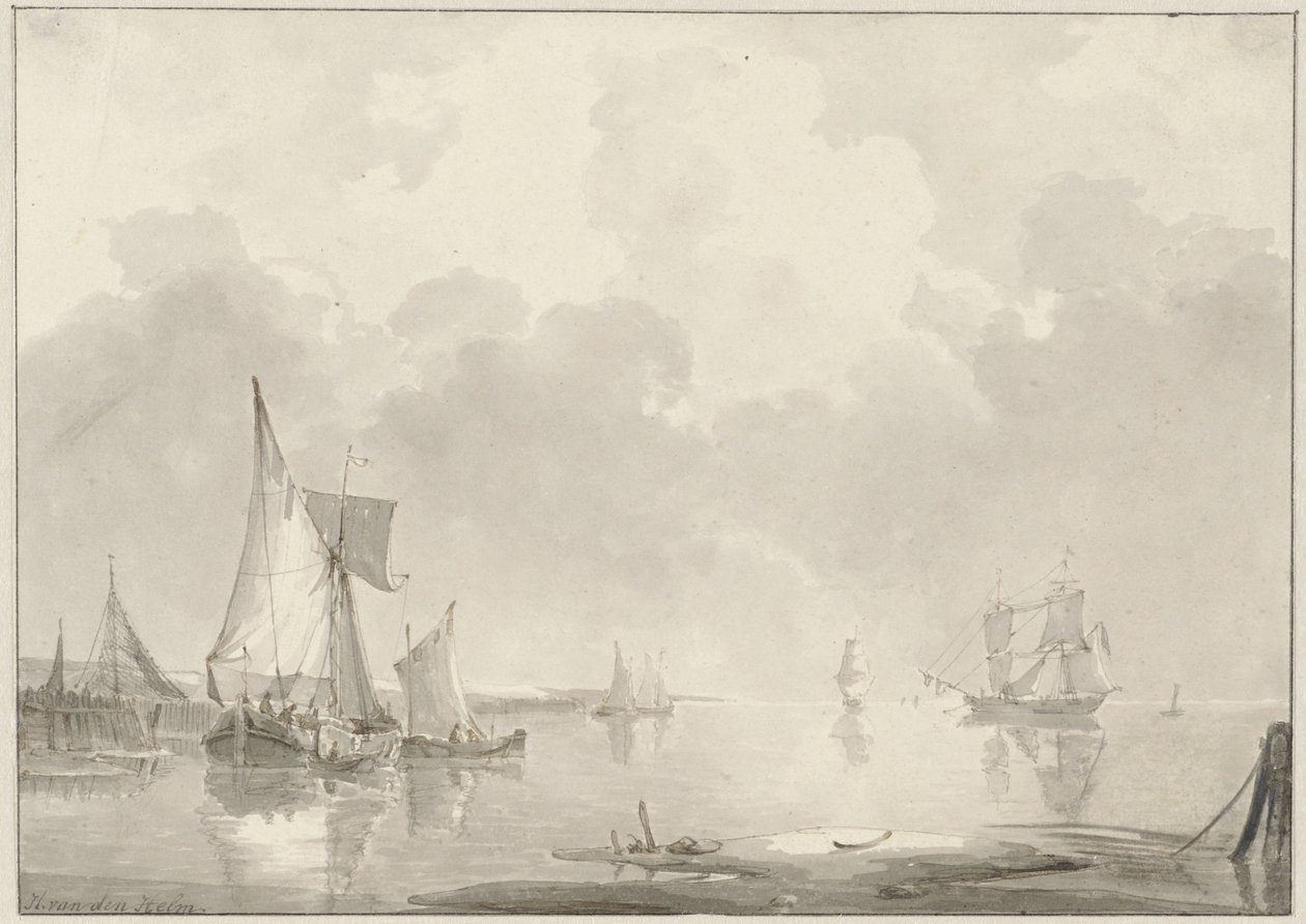 Ansicht vor der Küste mit Schiffen im stillen Wasser von Hendrik van den Helm