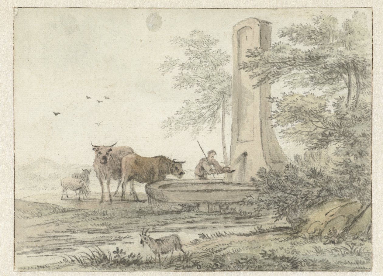 Italienische Landschaft mit Hirte und seinem Vieh und Schafen an einem Brunnen von Hendrik van der Straaten