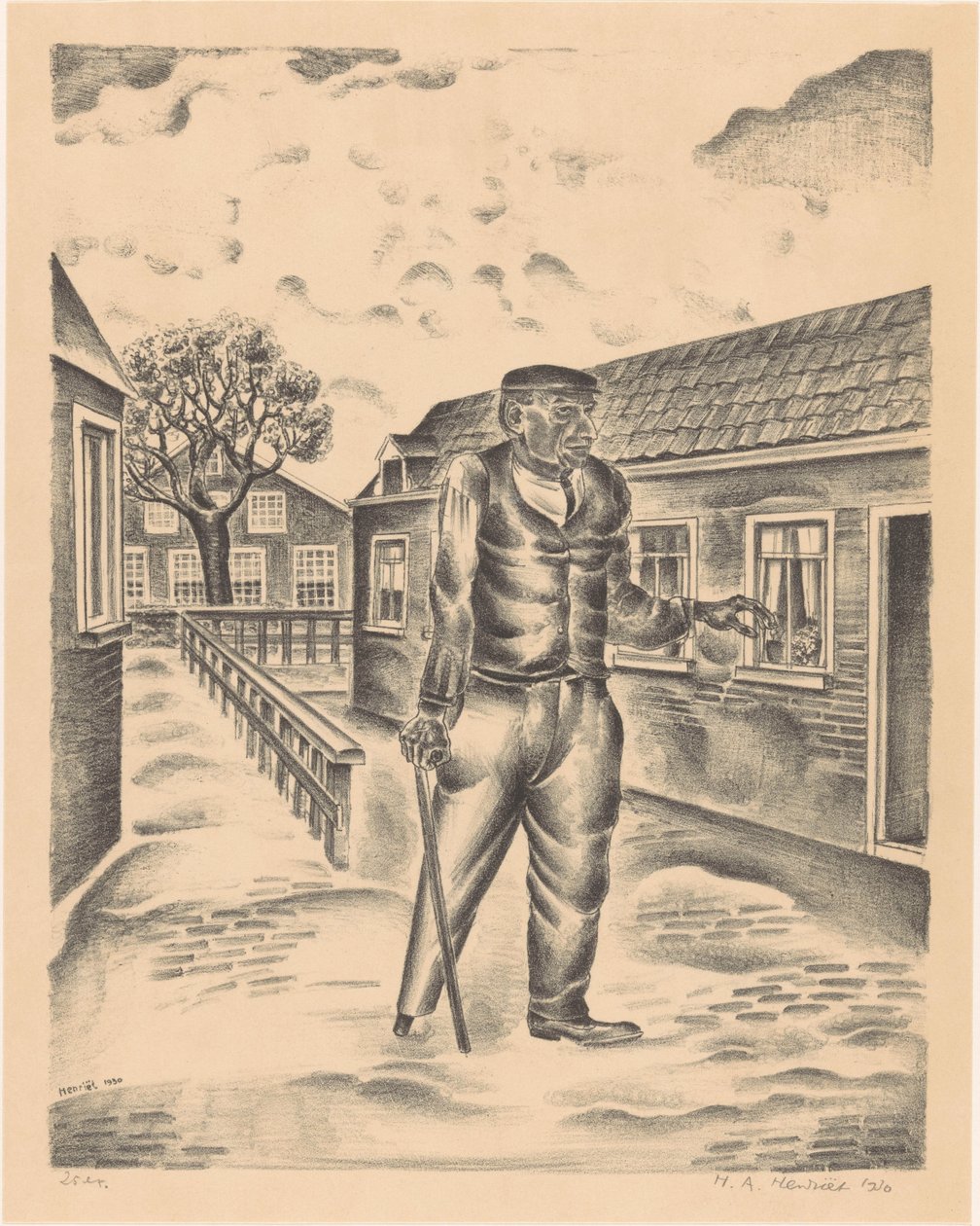 Mann mit Holzbein und Spazierstock von Henk Henriët (signed by artist)