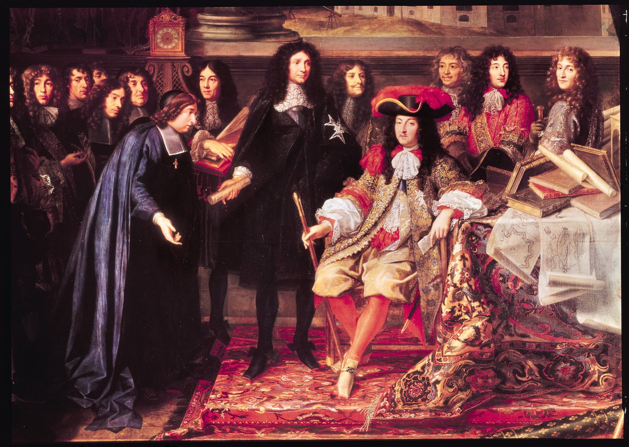 Jean-Baptiste Colbert (1619-83) stellt die Mitglieder der Königlichen Akademie der Wissenschaften Ludwig XIV. (1638-1715) vor (Detail des zentralen Teils), ca. 1667 von Henri Testelin