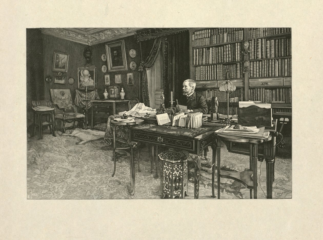 Gaston Tissandier, französischer Ballonfahrer, an einem Schreibtisch in seinem Arbeitszimmer, 1880-1900 von Henri Thiriat