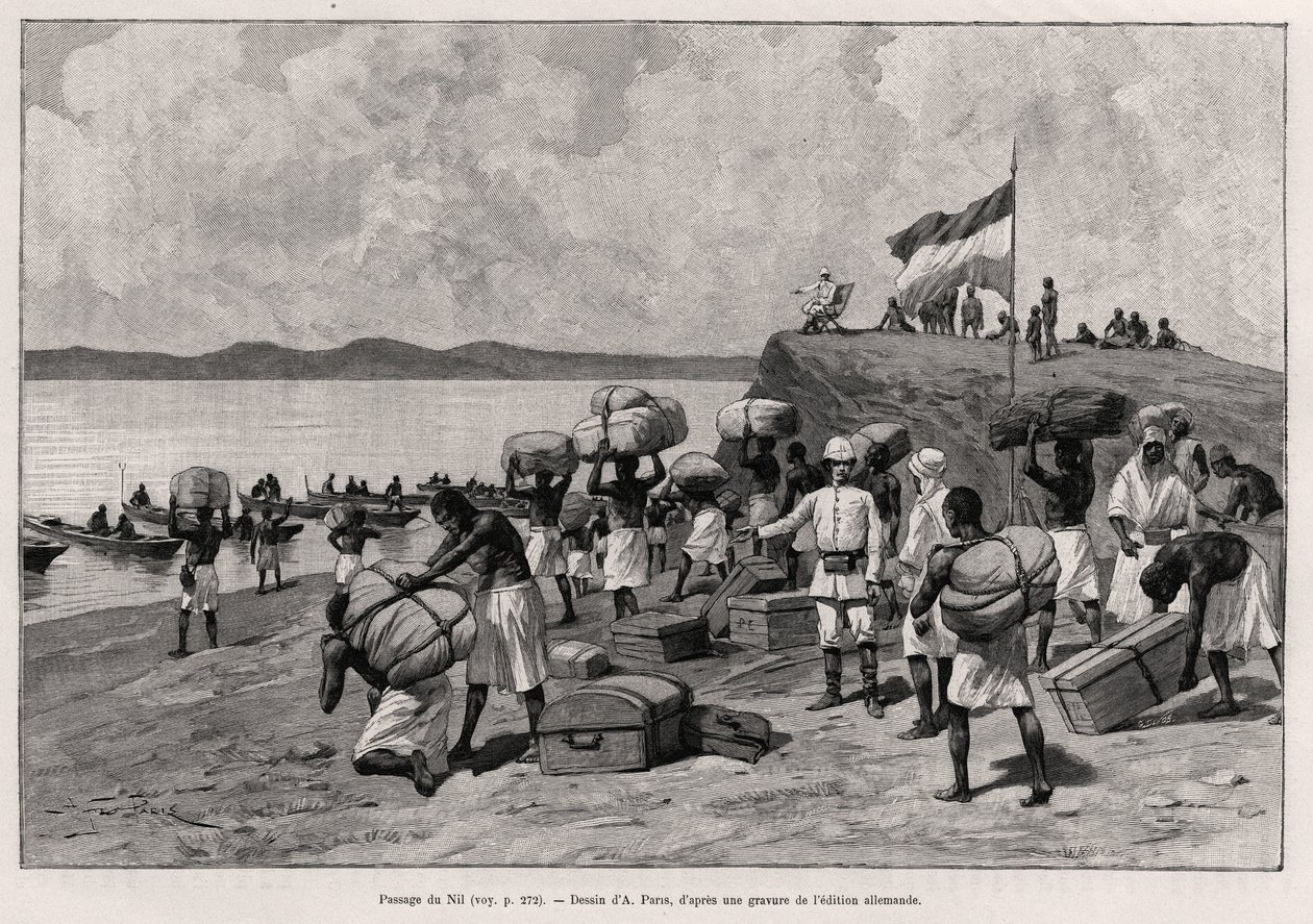 Durchquerung des Nils. Gravur von A. Paris zur Illustration der Geschichte „Au secours d
