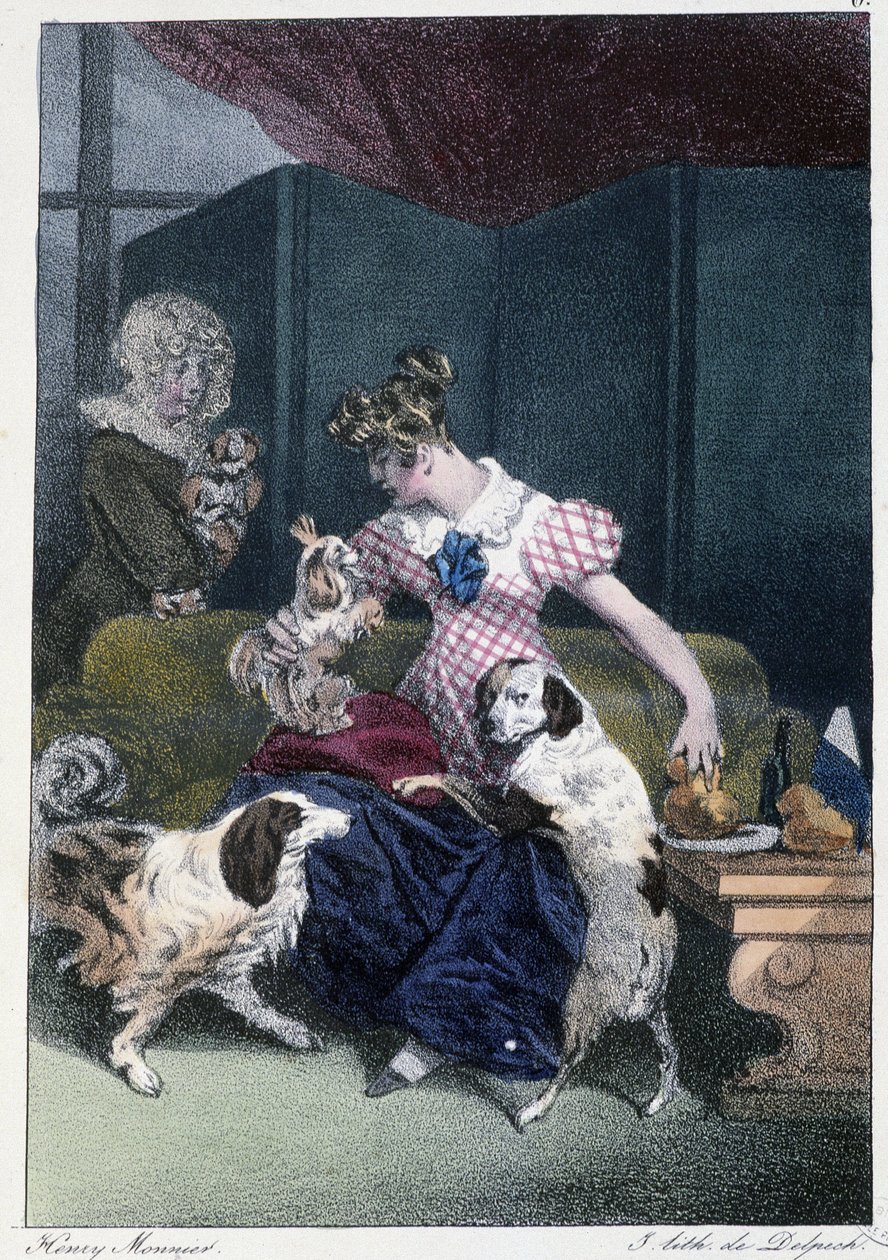 Junges Mädchen mit Hunden: „Jeder nimmt sein Vergnügen, wo er es findet“ - in „Les Pastemps“ von Henri Monnier, ed. Delpech, Paris von Henri Bonaventure Monnier