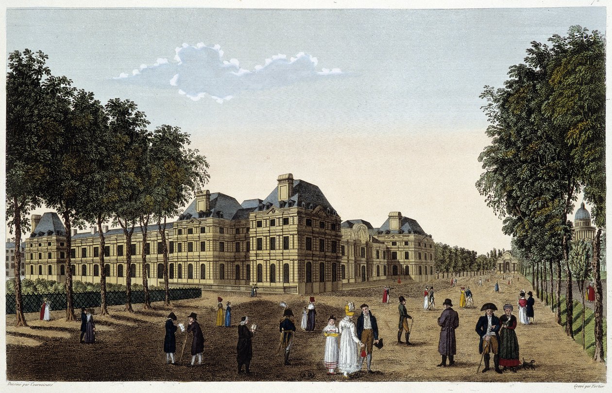 Garten und Palais du Luxembourg von der Terrasse des kleinen Luxemburg aus gesehen. Gravur von Courvoisier von Henri Courvoisier Voisin