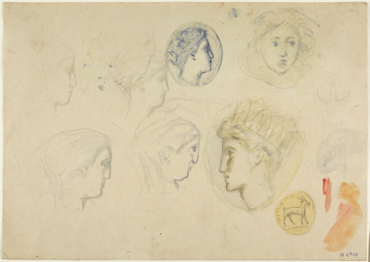 Skizzen: Profilköpfe, Münzen oder Medaillen (recto); Bäume (verso) von Henri Cros